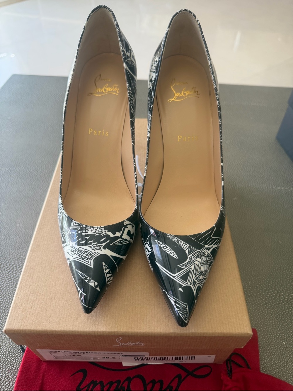 Christian Louboutin Black & White Graphic Patent Pointed-Toe Pumps
